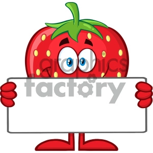 Royalty Free RF Clipart Illustration Smiling Strawberry Fruit Cartoon Mascot Character Holding A Blank Sign Vector Illustration Isolated On White Background