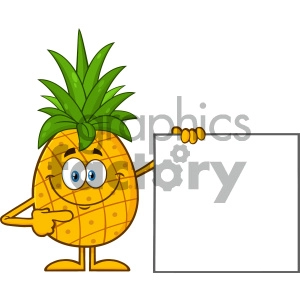 Royalty Free RF Clipart Illustration Smiling Pineapple Fruit With Green Leafs Cartoon Mascot Character Pointing To A Blank Sign Vector Illustration Isolated On White Background