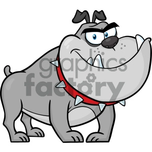 The image is a cartoon representation of a bulldog. The bulldog is grey with a significant underbite and sharp white teeth. It has a displeased or grumpy facial expression, with furrowed eyebrows and eyes looking upwards. The dog is wearing a red collar studded with sharp silver spikes.