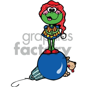 The clipart image features a whimsical depiction of a frog wearing a red hat with white polka dots and a colorful striped dress. The frog is sitting on top of a blue spherical object with a red bottom and green stem or leaves, which could be reminiscent of a fruit like a blueberry. There's also a brown and tan dog on the right side of the base object, peeking out and looking upwards. The dog has a red tongue hanging out, indicating it might be happy or playful.