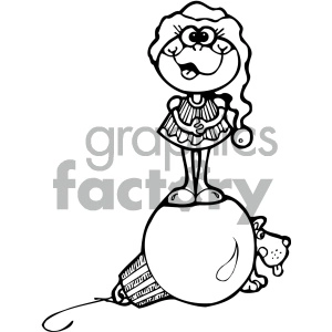 The image is a black and white clipart featuring a characteristically styled round-headed, unhappy-looking female entity standing on top of a bowling ball, with a small dog beside the ball. The entity has large eyes, long eyelashes, and wavy hair, is wearing a dress and appears to be frowning. The entity and the dog both possess anthropomorphic features, giving them human-like expressions. The entity's feet seem to be frog-like, suggesting it might be a representation combining elements of both a human and a frog.