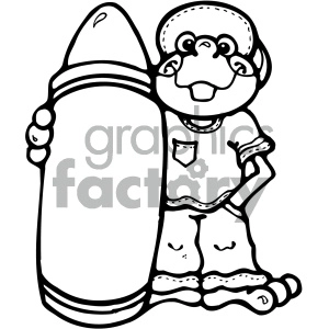 The clipart image shows an anthropomorphic frog character in a student-like appearance, holding a large crayon. The frog is standing upright on two feet, wearing a t-shirt and shorts, and has a baseball cap worn backward on its head. The image is in black and white line art.