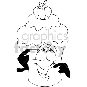black and white cartoon ice cream mascot character with a strawberry on top