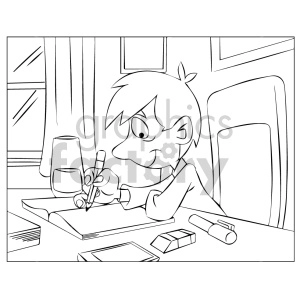 The clipart image depicts a child (a boy) sitting at a desk, engaged in the task of writing or doing homework. The boy appears focused and is holding a pen, with an open book in front of him. There is also an eraser and what seems to be a closed book or notebook on the desk. In the background, a window with curtains and a lamp can be seen, suggesting the setting is a study room or a bedroom with a study area.