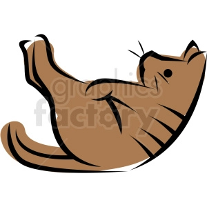 The clipart image depicts a cartoon cat lying on its back with its paws up in the air, resembling a playful or relaxed posture that could also be interpreted as doing a yoga-like stretch.