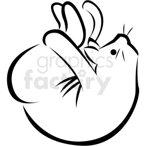 The image is a black and white clipart depicting a cat in a playful or yoga-like pose with its back arched, and its paws up in the air.