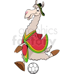 This clipart image features a cartoon llama dressed in a sports outfit, which includes a red jersey with green and yellow accents, and a visor with a similar color pattern. The llama has a playful expression with its tongue sticking out. Next to the llama, there is a classic black and white soccer ball.
