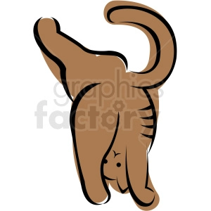 The clipart image shows a stylized brown cat performing a yoga pose. The cat appears to be in a downward dog pose (or a playful interpretation of it), with its rear end and tail raised high, head down, and back arched. The cat's features are simple with visible whiskers and a friendly, content facial expression.