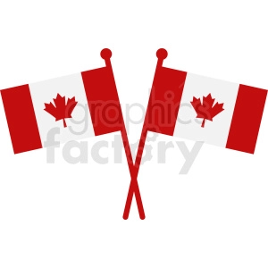 The image displays two crossed Canadian flags. Each flag features a vertical triband of red, white, and red, with a red maple leaf centered on the white band.