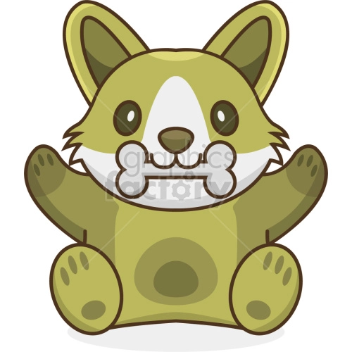 The image is a cute, cartoon-style illustration of a smiling dog holding a bone in its mouth. The dog appears to be sitting with its front paws raised slightly, as if it's ready to give a hug or play.