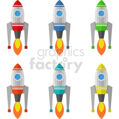 six cartoon rockets blasting off