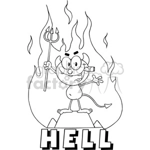 The image is a black and white clipart illustration that features a cartoon character designed to look like a devil. This character has exaggerated facial features such as large eyes and a wide grin, holding a trident, and is surrounded by stylized flames. Its tail is pointed, akin to typical representations of devils or demons, and it is standing on what appears to be rocky ground with the word HELL written in bold, block letters below.