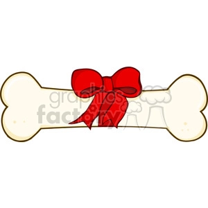 The clipart image depicts a comical illustration of a bone that is tied with a big red decorative bow. This could suggest that the bone is intended as a gift or present, most likely for a pet, such as a dog.