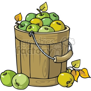 The clipart image shows a wooden barrel filled with green apples. There's a handle attached to the barrel, and a couple of apples and leaves are shown fallen outside the barrel.