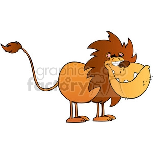 The image depicts a cartoon lion with a comical expression. The lion has a large, wavy mane of brown hair, an oversized, open-mouthed grin showcasing large teeth, a long tail with a tuft at the end, and is standing on two feet. Its eyes are half-closed and it has a somewhat lazy or silly demeanour which contributes to the humorous quality of the illustration.