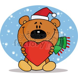 a brown bear in a santa hat holding a red heart