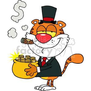 The clipart image shows a cartoon tiger character who is portrayed as happy and is holding a pot of gold. The image is designed in a funny and humorous style, and it is a royalty-free illustration that can be used for various purposes.
