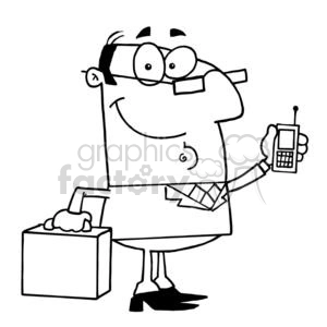 The clipart image shows a funny character, who appears to be a businessman. He is wearing glasses, a tie, and is holding a briefcase in one hand and an old-fashioned mobile phone in the other. The character is illustrated in a simplistic and exaggerated comical style, which is typical for humorous clipart. The image is in black and white, with the character standing and smiling.