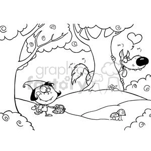 This image is a black and white clipart depicting a scene inspired by the fairy tale Little Red Riding Hood. It features a comical, cartoonish interpretation of the characters and setting. The main elements include:
1. A funny character resembling Little Red Riding Hood, wearing glasses and carrying a basket, walking through the woods.
2. A whimsical forest or woods setting with stylized trees, swirling clouds, and mushrooms on the ground.
3. A cartoon wolf hiding behind a tree with a big smile, holding a stick with a heart-shaped object attached to it, seemingly in a playful or mischievous mood.