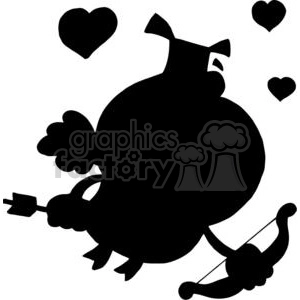 Cartoon Silhouette Cupid Pig Flying With Hearts