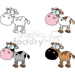 The clipart image includes four cartoon cows. Each cow has a distinct style, with varying patterns and colors on their bodies. The cows have exaggerated, friendly facial features, which give them a comical and endearing appearance. One of the cows appears to be a calf, suggesting it's a baby cow. They're depicted in simple, bold lines typical for clipart, making them suitable for a range of graphic applications related to farms, animals, or children's content.
