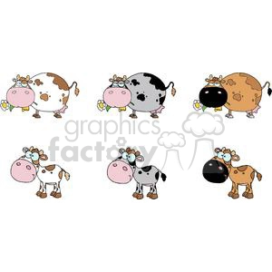 The clipart image shows a collection of six cartoon cows with a humorous appearance. Each cow has a unique color pattern and they all display different stances and facial expressions. They seem to be drawn in a playful and exaggerated style typical for comic artwork, with a few cows holding flowers in their mouths.