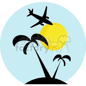 Blue circle with palm trees, a sun, and an airplane inside