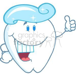 This is a clipart image of a stylized anthropomorphic tooth. The tooth is smiling broadly, showcasing a set of well-aligned white teeth, has a pair of blue eyes, and is giving a thumbs-up. It is wearing a blue dentist's hat with sparkles, suggesting it is clean and healthy.