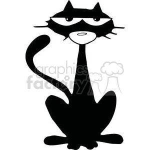The clipart image features a whimsical, cartoonish depiction of a cat. The cat appears in a stylized black and white silhouette with exaggerated features: a mask-like pattern around its eyes that gives the impression of a bandit or a superhero, a large whimsical snout, and a long, curling tail.