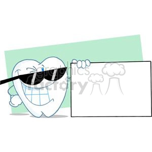 This clipart image features a whimsical cartoon-style tooth wearing sunglasses, with a large, cheerful grin, and winking. The tooth is also holding a blank white signboard on its right side, offering space for customization or text insertion.
