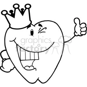 The clipart image features a whimsical cartoon tooth with a friendly face, a crown on its head, giving a thumbs up. The tooth has eyes and a wide grin, highlighting healthy, clean teeth.