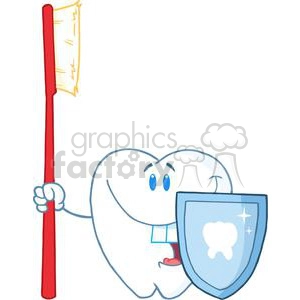 The clipart image features a whimsical and anthropomorphic tooth character. The tooth has a face, with eyes and a tongue sticking out slightly, and it's wearing a small blue tie around its neck. In one hand, it's holding a toothbrush with a bristled head in an upright position as if it were a spear or staff. In the other hand, it's holding a shield with a tooth emblem on it, symbolizing protection against dental issues. The overall theme of the image seems to be about dental hygiene and defense against cavities or tooth decay.