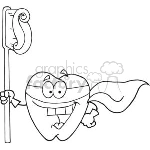 The clipart image shows a whimsical, animated tooth character. This tooth has a pair of eyes and a wide, friendly smile featuring a missing tooth, which adds to its playful aspect. The tooth is depicted as a superhero, complete with a cape fluttering behind it and holding a toothbrush like a torch or staff. Its pose suggests that it is either flying or ready for action, and its expression is cheerful and confident.