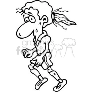 The clipart image depicts a caricature-style drawing of a person with a comically exaggerated long nose, large eyes, and wild hair tied in a ponytail on one side. They are wearing a sports uniform, complete with a jersey, shorts, knee-high socks with a cross symbol, and athletic shoes, suggesting they are dressed to play soccer. They are standing with their hands open, one in front of them and one behind, in a stance that suggests a readiness to engage in a soccer game.