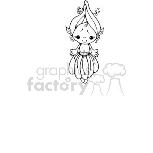 The clipart image features a whimsical line drawing of a girl designed to resemble a pea pod. The character has elf-like ears, detailed with leaves and tendrils in her hair giving her an organic feel. She is wearing a dress with the skirt part shaped like the pod of peas, with dotted texture detail, suggesting the peas are inside.