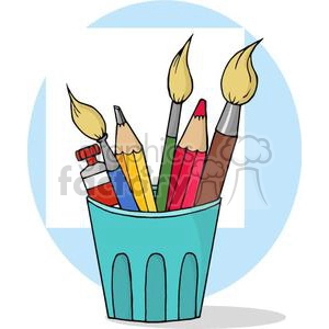 The image is a clipart that features a light blue cup or holder containing a variety of art supplies. Inside the cup, there are three paintbrushes with yellow bristles, a tube of red and white paint, two pencils (one yellow and one red), and what appears to be a drawing marker or brush with a brown body.