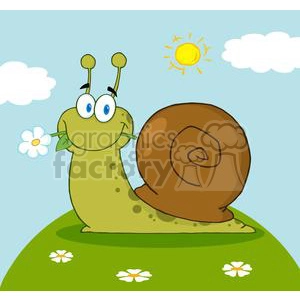 This is an image of a cartoon snail with a large brown shell, depicted in a cheerful scene. The snail is green with big eyes and has a flower in its mouth. It's standing on a green hill with a few white flowers around. In the background, there's a clear blue sky with a bright yellow sun and a couple of fluffy white clouds.