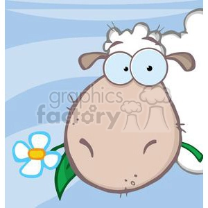 The image depicts a cartoon-style sheep, portrayed humorously with a large, rounded face taking up most of the frame. The sheep’s eyes are wide and exaggerated, with visible pupils, giving it a comical expression. It has small, floppy ears and a tuft of white wool on the top of its head. The sheep also appears to be holding a white flower with a yellow center and green leaves in its mouth. The background suggests a blue sky with stylized white clouds.