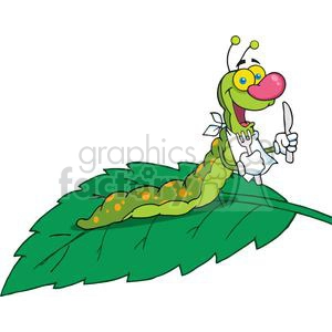 The image depicts a cartoonish worm or slug with a comically exaggerated face, complete with large, bright eyes, a big red nose, and a wide, smiling mouth. It's anthropomorphized with arms and hands, wearing white gloves, one of which is holding a knife and fork in anticipation of a meal. The worm rests atop a large, green leaf, which suggests that the worm is ready to dig into its natural food source. Its body is mainly green with yellow spots decorated along its segments.