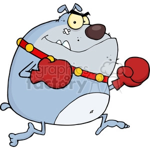 This clipart image features a comical cartoon dog dressed as a boxer. The dog is standing on its hind legs, wearing a pair of oversized red boxing gloves and a red boxer shorts with yellow dots. The dog has a funny expression, with one eye larger than the other, an askew mouth, and a bandage on its cheek, suggesting it's been in a humorous scuffle. The dog's positioning and facial features are exaggerated for comic effect, and its posture is dynamic, seemingly ready to engage in a playful boxing match.