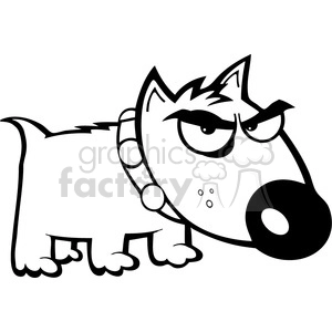 The clipart image presents a stylized depiction of a dog with exaggerated, comical characteristics. The dog appears to have a grumpy or sly expression with furrowed eyebrows, and is wearing a collar with a tag.