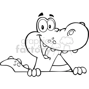 The clipart image features a comically styled character that resembles an alligator or crocodile. The character has a large head with big expressive eyes, a wide, toothy grin, and a long snout with nostrils. It is lying on its stomach with its front legs stretched out and its rear legs tucked under its body. The tail is short and prominent, coming to a point at the end. The character appears to be in a relaxed or playful posture.