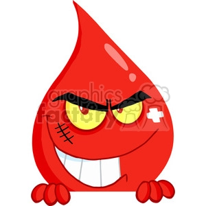 The clipart image depicts a stylized anthropomorphic red blood drop. It has a comical expression with raised, angry-looking eyebrows, wide yellow eyes, and a big grin showing teeth. On its face, there is a small white cross, often associated with medical care or the Red Cross symbol. The blood drop also has arms and hands