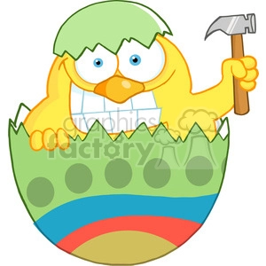 Royalty-Free-RF-Happy-Chick-With-A-Big-Toothy-Grin-Peeking-Out-Of-An-Easter-Egg-With-Hammer