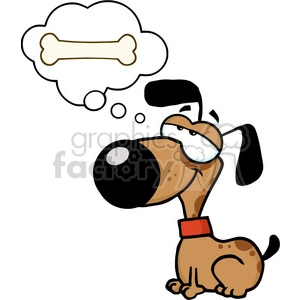 The clipart image features a comic style brown dog with a big black nose and wearing a red collar, appearing to daydream about a bone. The bone is in a thought bubble above the dog's head, indicating it is thinking about or longing for it.
