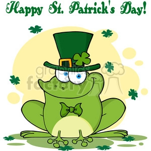 The image depicts a comical cartoon frog celebrating St. Patrick's Day. The frog is colored green and sports a jaunty leprechaun hat with a four-leaf clover on it. It has big, expressive eyes and a friendly smile, wearing a bow tie as well. The background has a yellowish glow with more clovers scattered around, and the text Happy St. Patrick's Day! is prominently displayed at the top.
