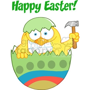 Royalty-Free-RF-Copyright-Safe-Happy-Easter-Text-Above-A-Chick-With-A-Big-Toothy-Grin-Peeking-Out-Of-An-Easter-Egg-With-Hammer
