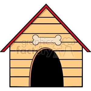 The clipart image depicts a cartoon-style drawing of a doghouse. The doghouse is designed in the classic kennel shape with a triangular roof. It's colored with hues of orange and yellow with a red outline on the roof edges. At the peak of the roof, there is a white bone symbol, adding a playful and humorous element typically associated with dogs and their favorite treats. The doghouse has a large black arch entryway, indicating where a dog could enter. The style is simple and bold, typical of comic or children's book illustrations.