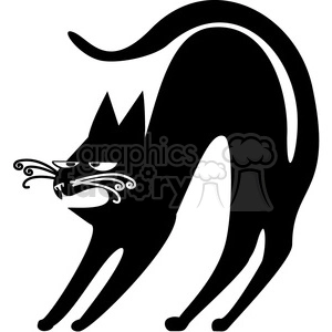 The image is a black and white clipart of a stylized black cat. The cat appears to be in an arched-back pose, typically associated with fear or aggression in felines. The cat's tail is upright and curved at the tip, and it has a detailed face with decorative whiskers and frightened eyes.