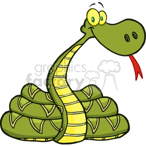 The image displays a cartoonish, comical snake with a funny expression. The snake has a tall, coiled body with green and yellow stripes and an elongated neck. It has large, googly eyes and a wide grin with a red, forked tongue sticking out. The overall appearance of the snake gives it a lighthearted, humorous look.